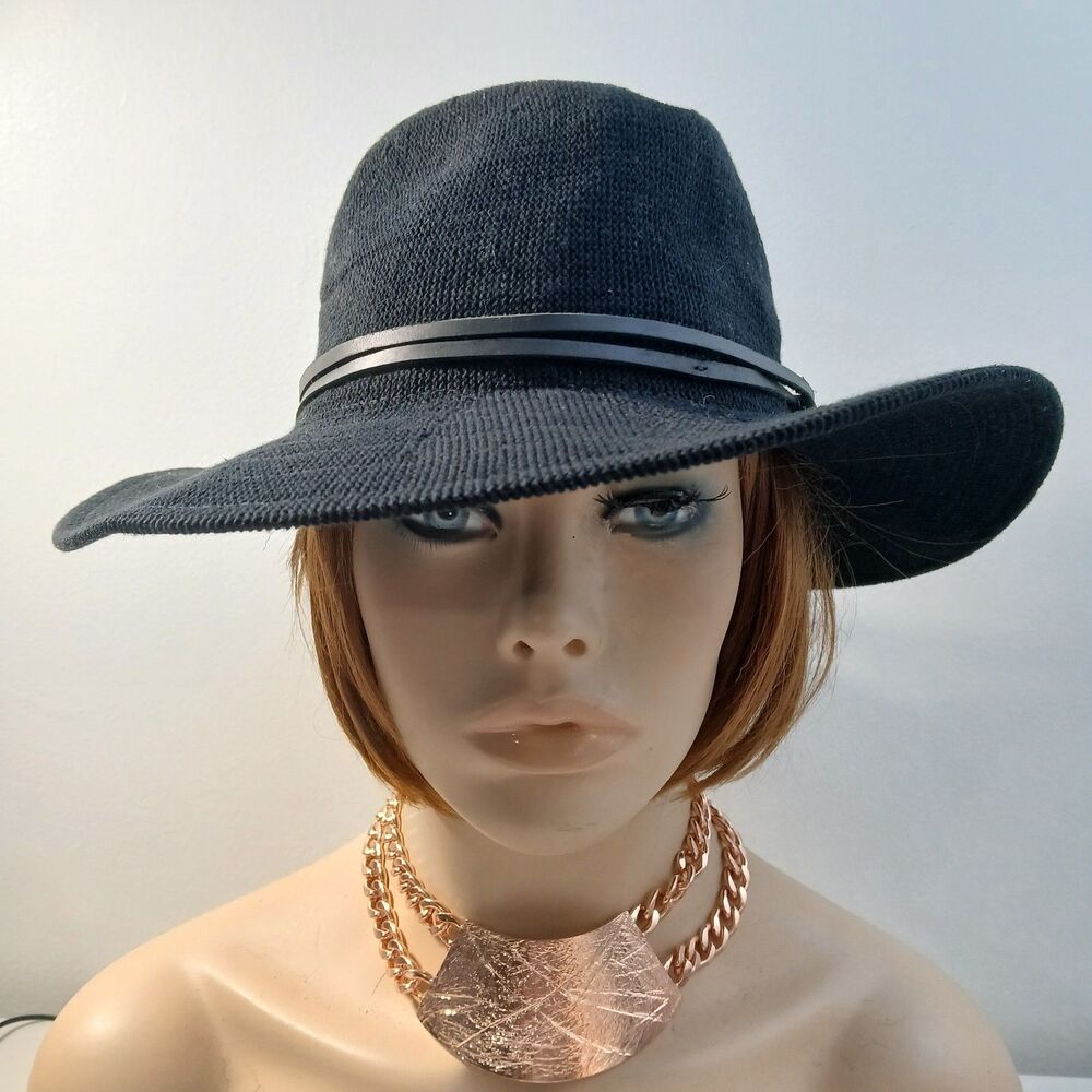 Anthropologie Women's Cotton Blend Faux Leather Banded Packable Black Floppy Hat